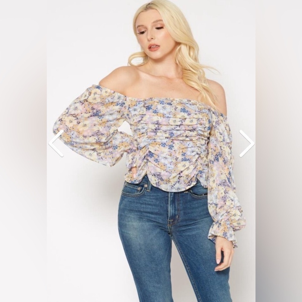 PLEIONE | Anthropologie Floral Ruched Off The Shoulder Blouse Top